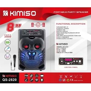 TELSAN QS-2820 SD/USB/FM 8inc 2000W KARAOKE MİKROFONLU BLUETOOTH RGB IŞIKLI MÜZİK KUTUSU