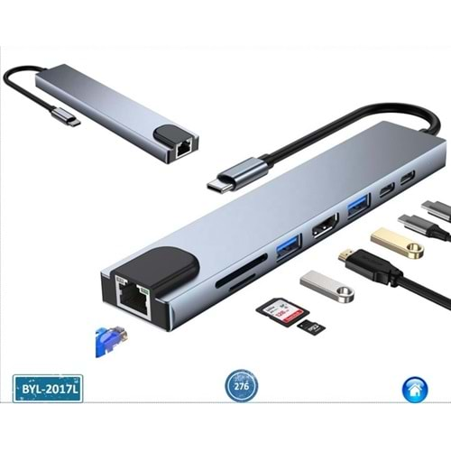 CONCORD BYL-2017L 8 İN 1 TYPE-C 2 PORT USB 2.0/3.0 HUB RJ45 USB LAN KART OKUYUCU ÇEVİRİCİ