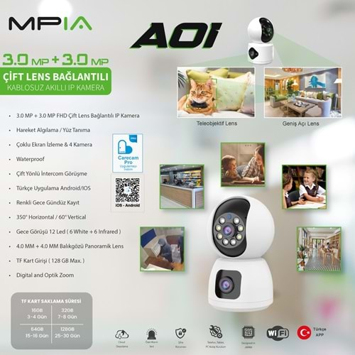 MPİA AOİ ÇİFT KAMERA 6MP 4K İP WİFİ FULL HD 8 LED GECE GÖRÜŞLÜ HAREKETLİ KAMERA