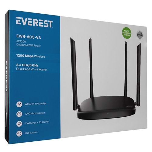 Everest EWR-AC5-V3 AC1200Mbps 2.4GHZ+5GHZ DualBand 4*6dBi Anten WISP+AP+Repeater Destekli Kablosuz Wifi Router