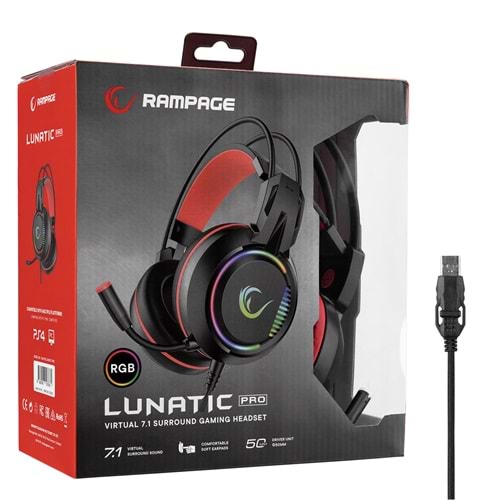 Rampage RM-K25 LUNATIC PRO Siyah/kırmızı USB 7.1 Surround RGB Işık Efektli Gaming Oyuncu Mikrofonlu Kulaklık