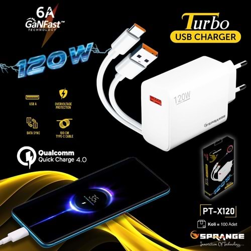 SPRANGE PT-X120 GANFAST 120W 6A QUALCOOM QUİCK CHARGE 4.0 TYPE-C TURBO ŞARJ ALETİ