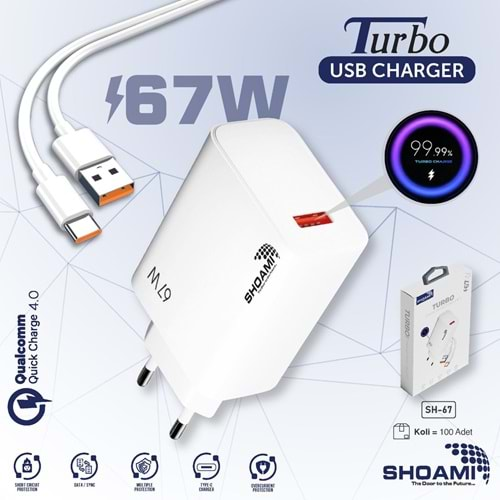 SHOAMİ SH-67 GANFAST QC 4.0 SALİSE SAYAR 67W 6A QUİCK FAST CHARGE QUALCOMM 4.0 USB TO TYPE-C ŞARJ ALETİ TAKIM