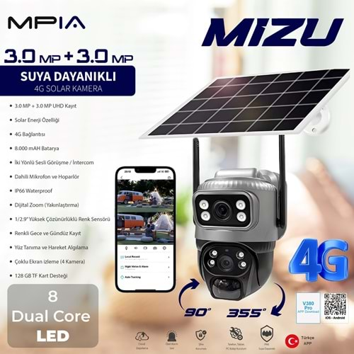 MPİA MİZU 4G GÜNEŞ ENERJİLİ ÇİFT KAMERA 3+3MP İP WİFİ FULL HD SUYA DAYANIKLI LEDLİ GECE GÖRÜŞLÜ 2 ANTENLİ HAREKETLİ KAMERA