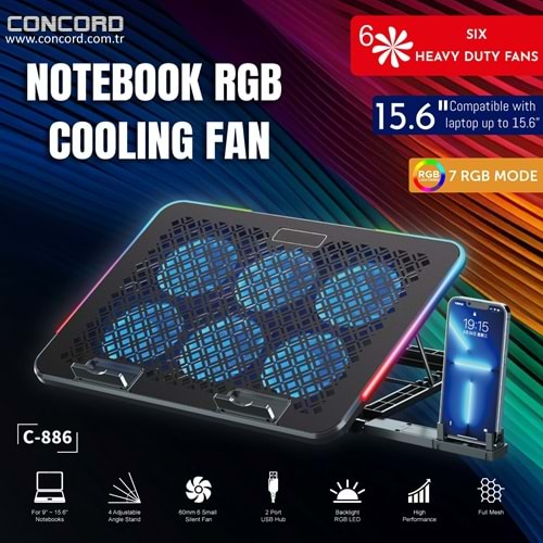 CONCORD C-886 TELEFON TUTACAKLI 6 FANLI KADEMELİ STANDLI NOTEBOOK SOĞUTUCU LEDLİ IŞIKLI