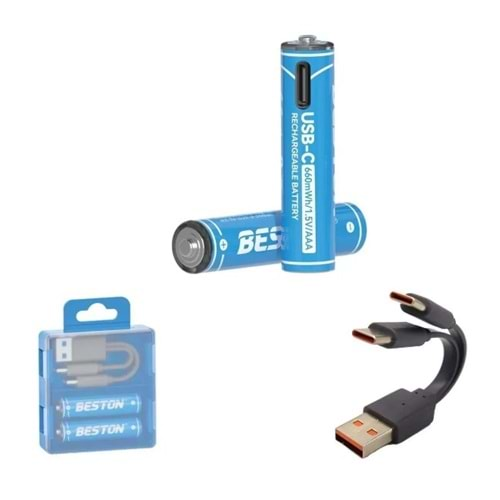 Beston Pil P2-01C-AAA Şarj Edilebilir 2'Li 1.5V AAA Usb Type-C Şarj Kablolu İnce Pil