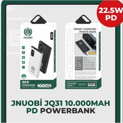 JNUOBİ JQ31 10000MAH 22.5W QC 3.0 PD 3.0 HIZLI ŞARJ TYPE-C MİCRO GİRİŞLİ 2X USB DİJİTAL EKRAN POWERBANK