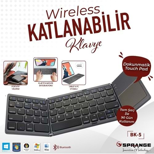 Sprange BK-5 Uyumlu Kablosuz Bluetooth TouchPad'li Şarj Edilebilir Katlanabilir Klavye