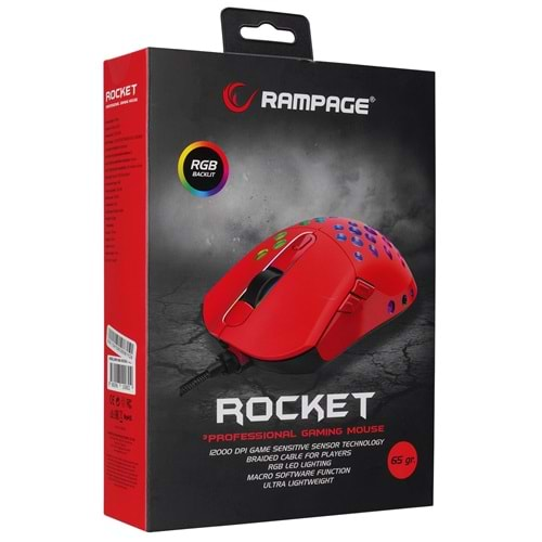 Rampage SMX-R66 ROCKET Ultra Hafif Kırmızı RGB Ledli 12000dpi Gaming Oyuncu Mouse