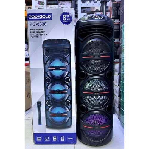 POLYGOLD PG-8838 SD/USB/FM 28inc KUMANDALI KABLOSUZ MİKROFONLU BLUETOOTH RGB IŞIKLI MÜZİK KUTUSU