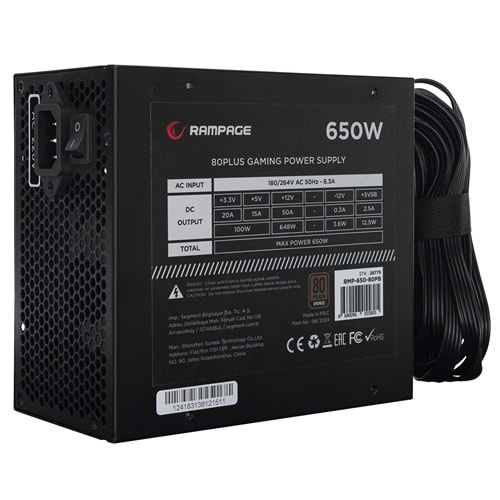 Rampage RMP-650-80PB 650W 14cm Siyah Fan Gaming 80 Plus Bronze Aktif PFC Power Supply