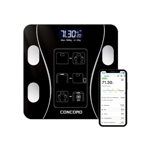 Concord C-W01 Mobil Uygulama İle Takip Led Göstergeli Dijital Akıllı Bluetooth Baskül