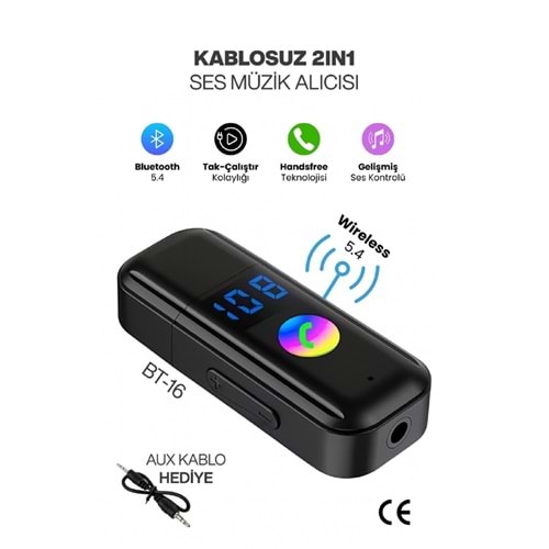 CONCORD BT-16 2IN1 Bluetooth Receiver | USB-Aux Kablo Ses Kontrol Ekran
