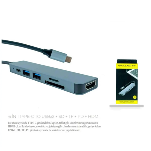 TELSAN TLS-601 ÇEVİRİCİ TYPE-C TO 3.0 6 IN 1 USB + HDTV 4K + KART OKUYUCU