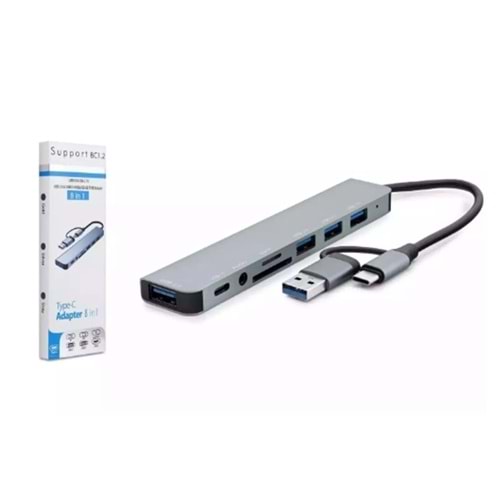 TELSAN TLS-801 8IN 1 ÇEVİRİCİ TF/SD USB 2.0-3.0 TYPE-C 3.5 AUDİO