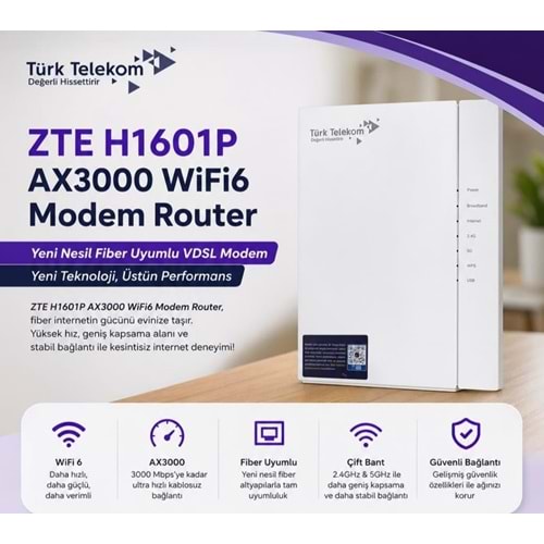 ZTE ZXHN H1601P Wi-Fi 6 AX3000 Fiber 2.4Ghz+5Ghz 3000Mbps Premium VDSL Modem (SIFIR GARANTİLİ)