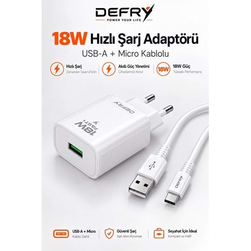 DEFRY DF-18M QUİCK 3.0 HIZLI ŞARJ 18W 3A USB TO MİCRO ŞARJ ALETİ TAKIM