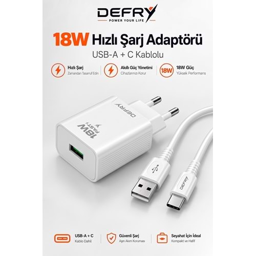 DEFRY DF-18T QUİCK 3.0 HIZLI ŞARJ 18W 3A USB TO TYPE-C ŞARJ ALETİ TAKIM