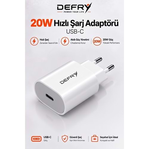 DEFRY DF-20 QUİCK FAST ŞARJ USB-C TYPE-C 20W PD 3.0 HIZLI ŞARJ ADAPTÖRÜ
