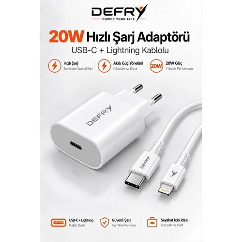 DEFRY DF-20LT TYPE-C TO LIGHTNING HIZLI ŞARJ 20W PD 3.0 FAST ŞARJ ALETİ TAKIM