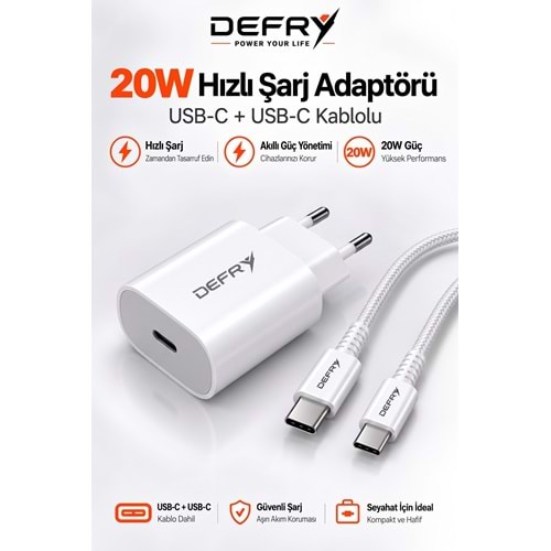 DEFRY DF-20TT TYPE-C TO TYPE-C HIZLI ŞARJ 20W PD 3.0 FAST ŞARJ ALETİ TAKIM