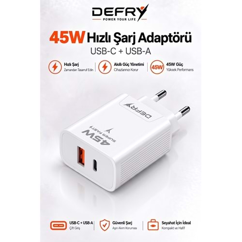 DEFRY DF-45 USB-A + USB-C PD 3.0 / QC 3.0 45W ÇİFT GİRİŞLİ SÜPER HIZLI ŞARJ ADAPTÖRÜ