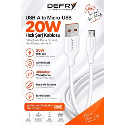 DEFRY DF-01M MİCRO TO USB-A 2.4A ŞARJ VE DATA KABLOSU