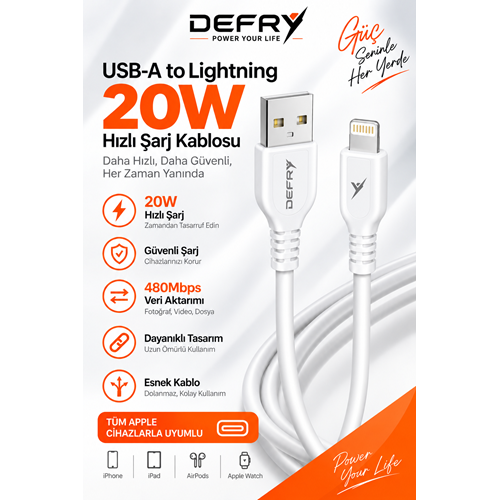 DEFRY DF-03L LIGHTNING TO USB-A 2.4A ŞARJ VE DATA KABLOSU