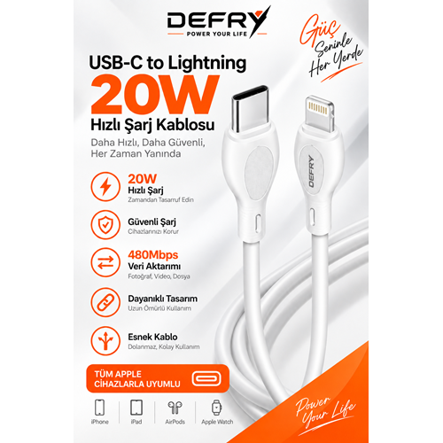 DEFRY DF-05LT LIGHTNING TO TYPE-C 3A ŞARJ VE DATA KABLOSU
