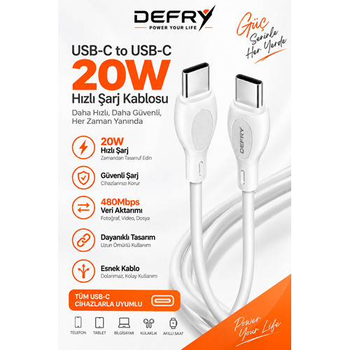 DEFRY DF-04TT TYPE-C TO TYPE-C 3A ŞARJ VE DATA KABLOSU
