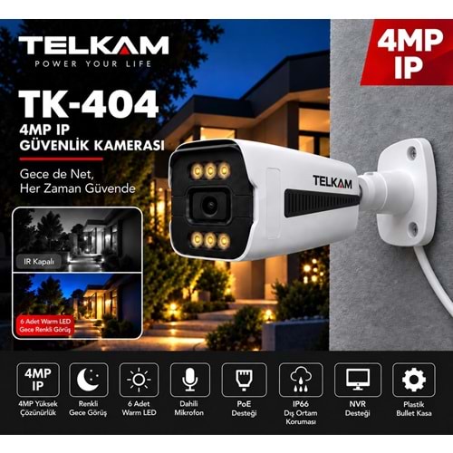 TELKAM TK-404 GECE RENKLİ GÖRÜŞ 6 WARM LED 4MP BULLET POE IP SESLİ FULL HD GÜVENLİK KAMERASI