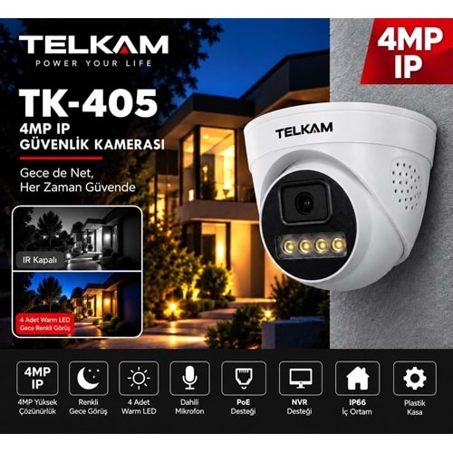 TELKAM TK-405 GECE RENKLİ GÖRÜŞ 4 WARM LED 4MP DOME POE IP SESLİ FULL HD GÜVENLİK KAMERASI