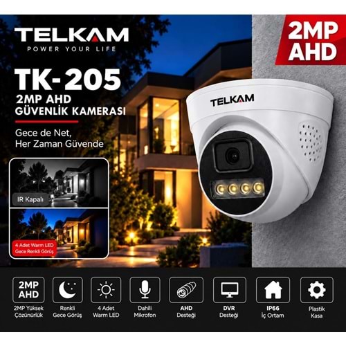 TELKAM TK-205 GECE RENKLİ GÖRÜŞ 2MP AHD DOME 4 WARM LED SESLİ GÜVENLİK KAMERASI