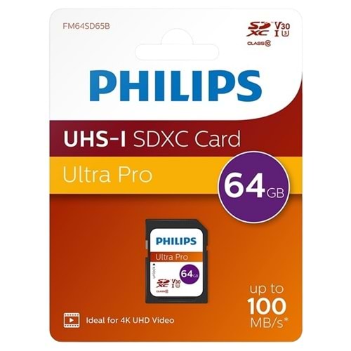 Philips FM64SD65B SDXC UHS-I U3 V30 A1 64GB Class10 Ultra Pro SD Hafıza Kart