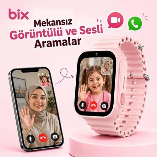 Bix KW01 Sim Kartlı GPS Takipli SOS Kameralı ve Görüntülü Konuşmalı 4G Çocuk Akıllı Saati (Pembe)