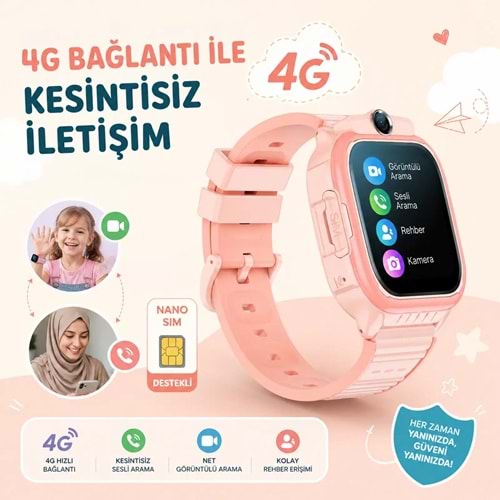 Bix Kids KW02 Sim Kartlı GPS Rota Takipli SOS Kameralı ve Görüntülü Konuşmalı 4G Çocuk Akıllı Saati Pembe