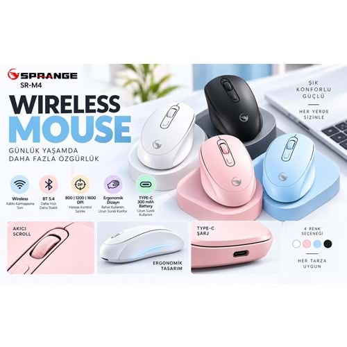 SPRANGE SR-M4 Kablosuz & Bluetooth 5.4 Şarjlı Mouse