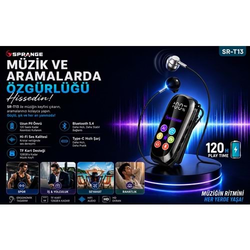 SPRANGE SR-T13 Bluetooth 5.4 / TF Kart Destekli Dijital Ekranlı Kulaklık