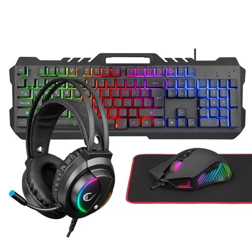 Rampage FITMENT KM-GX7 Gökkuşağı Aydınlatmalı Siyah USB Gaming Combo Mouse + Mousepad + Kulaklık + Q Gaming Klavye