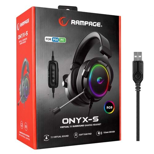 Rampage ONYX-S Siyah USB 7.1 Version RGB Led + Ses Kontrollü Oyuncu Mikrofonlu Kulaklık