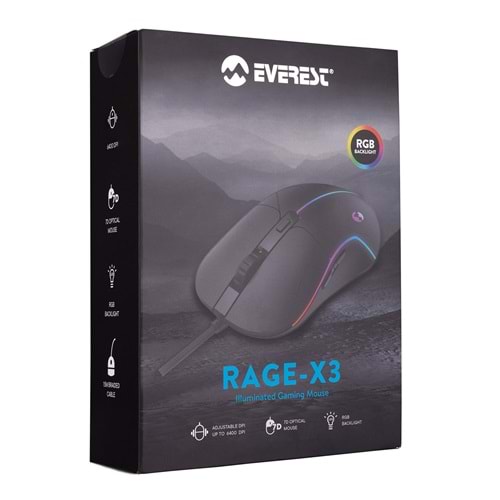 Everest RAGE-X3 Usb Siyah 7 Tuşlu Ledli 6400 dpi Gaming Oyuncu Mouse