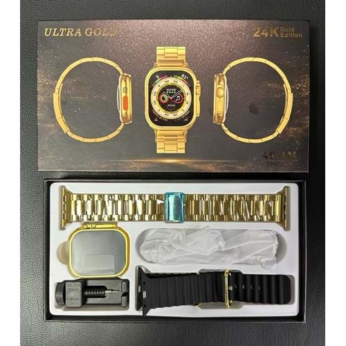 ULTRA GOLD TİTANYUM CASE 24K GOLD Series 49MM Full Ekran 2023 Altın Renk Metal ve Silikon Çift Kordon Akıllı Saat