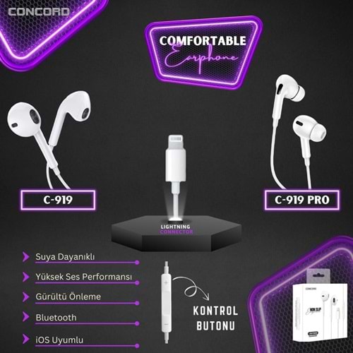 Concord C-919 PRO İphone Serisi Kulak İçi Mikrofonlu Bluetooth Kulaklık