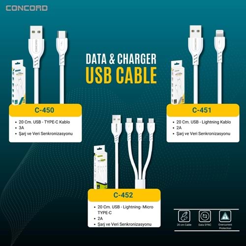 CONCORD C-451 USB TO LİGTHNİNG 20CM POWERBANK KABLO 2A