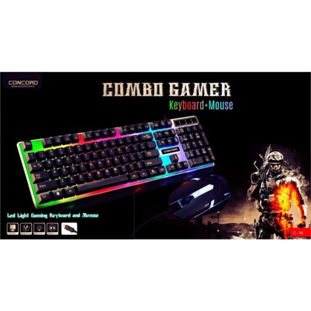 CONCORD C-56 RGB LED IŞIKLI KABLOLU GAMER COMBO KLAVYE + MOUSE SET