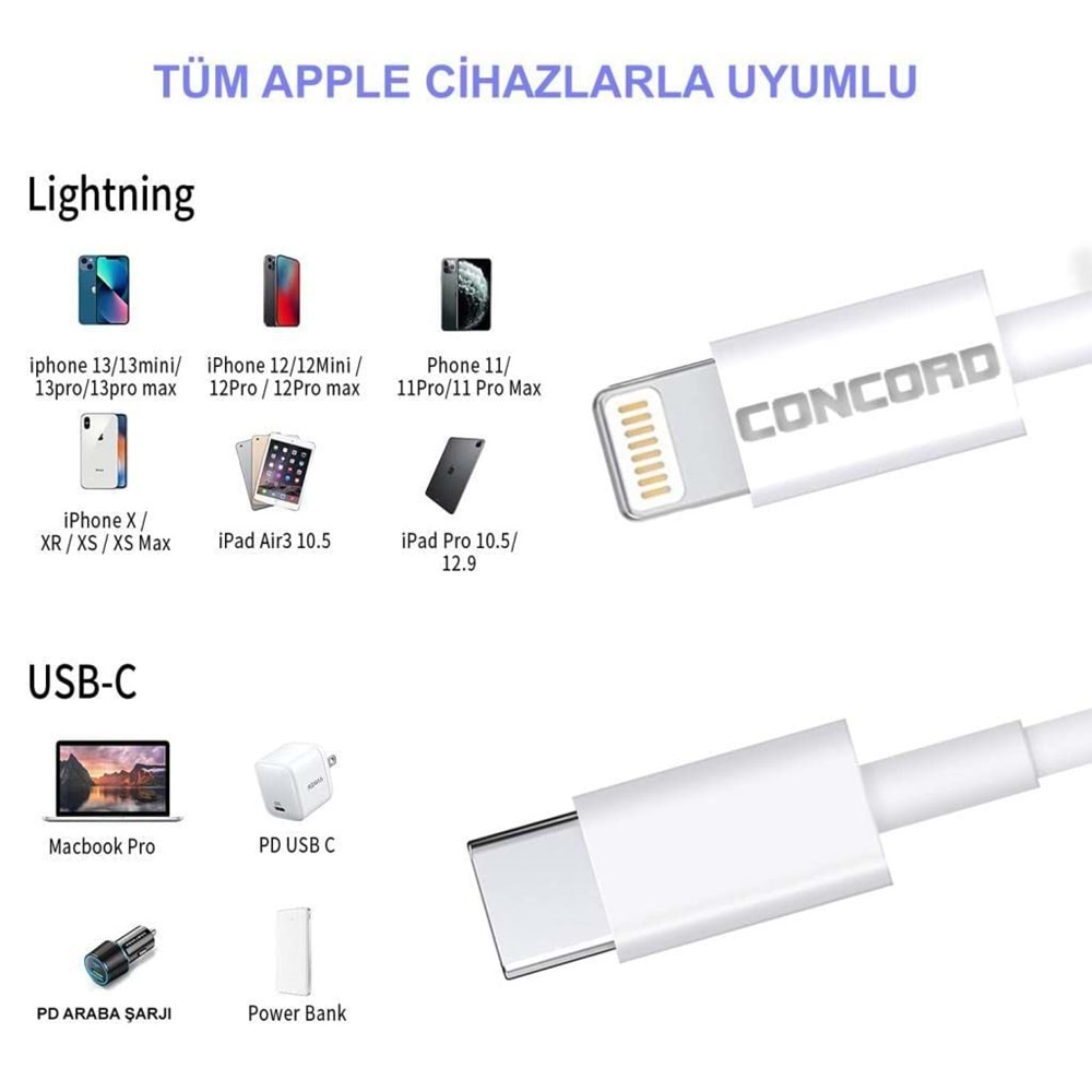 CONCORD C-409 LİGHTNİNG İPHONE TO TYPE C USB-C KABLO 3A 1M