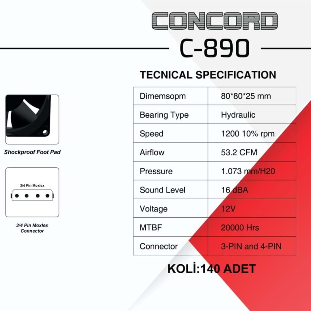 Concord C-890 8CM Geniş Kasa Fanı Soğutucu 7 Kanatlı Fan 4 Pin