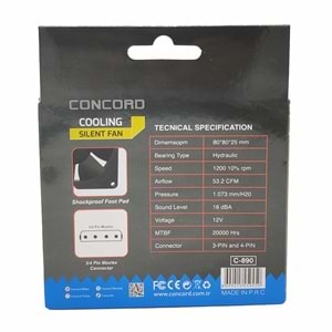 Concord C-890 8CM Geniş Kasa Fanı Soğutucu 7 Kanatlı Fan 4 Pin