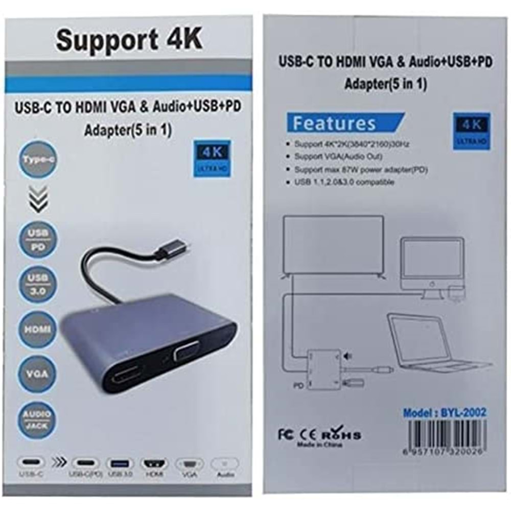 CONCORD BYL-2002 TYPE-C TO USB 3.0 AUX VGA 4K HDMİ ÇEVİRİCİ