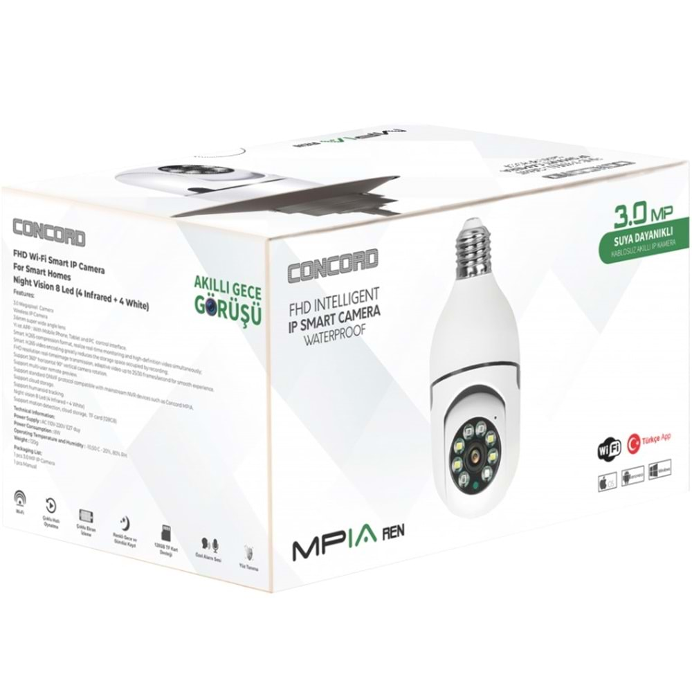 CONCORD MPİA REN 3MP İP WİFİ FULL HD 8 LED GECE GÖRÜŞLÜ HAREKETLİ KAMERA